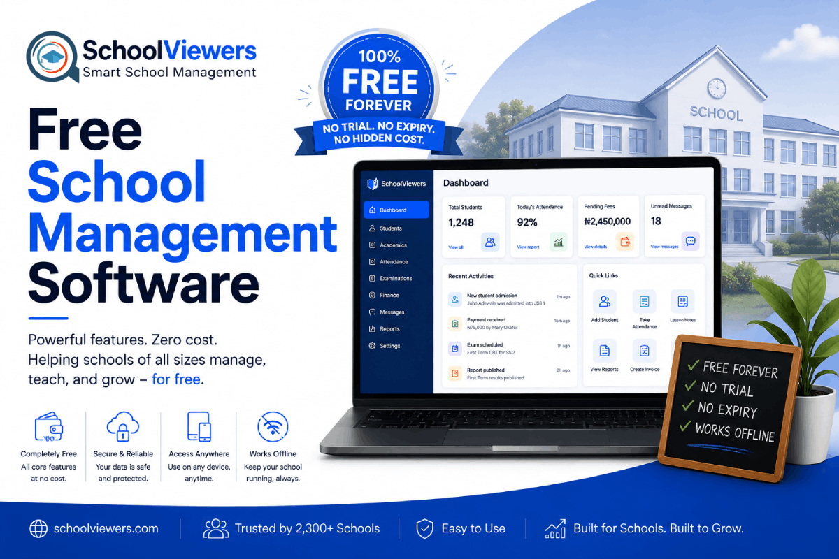 Free school management software portal displaying student result processing and broadsheet generation