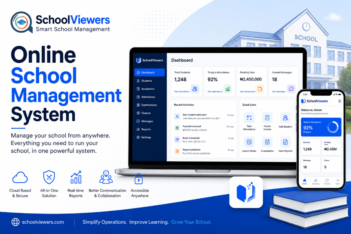 Web-based online school management system interface accessed on laptop tablet and smartphone