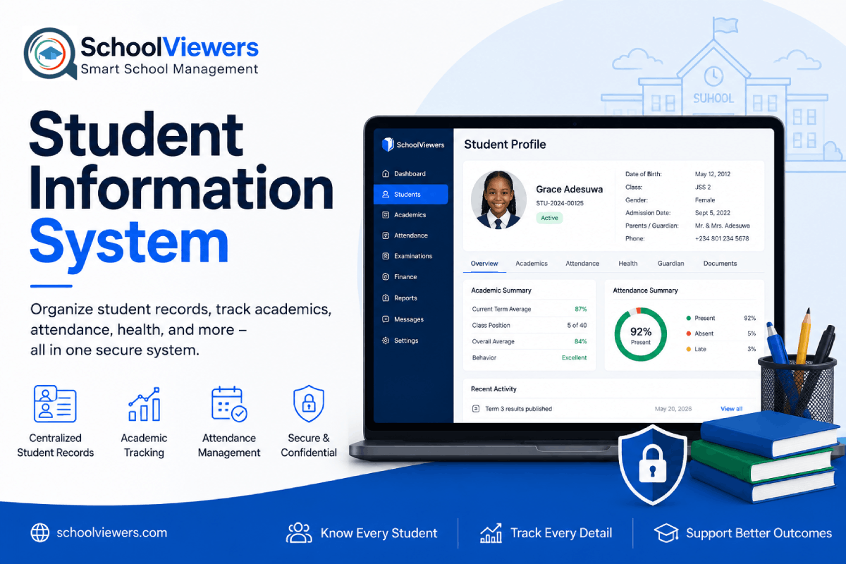 Student Information System dashboard displaying student profiles attendance clock-in logs and digital ID card preview